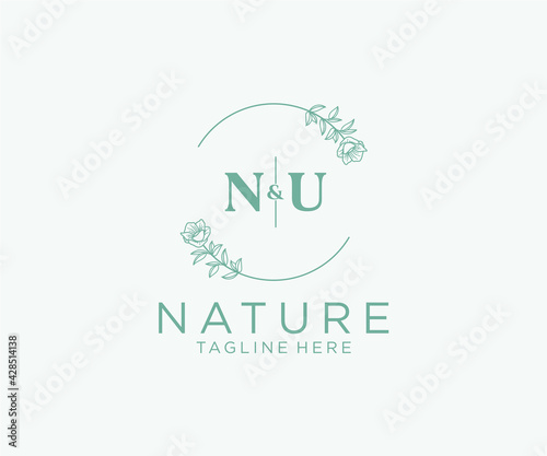 initial NU letters Botanical feminine logo template floral, editable premade monoline logo suitable, Luxury feminine wedding branding, corporate.