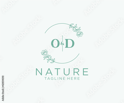 initial OD letters Botanical feminine logo template floral, editable premade monoline logo suitable, Luxury feminine wedding branding, corporate.
