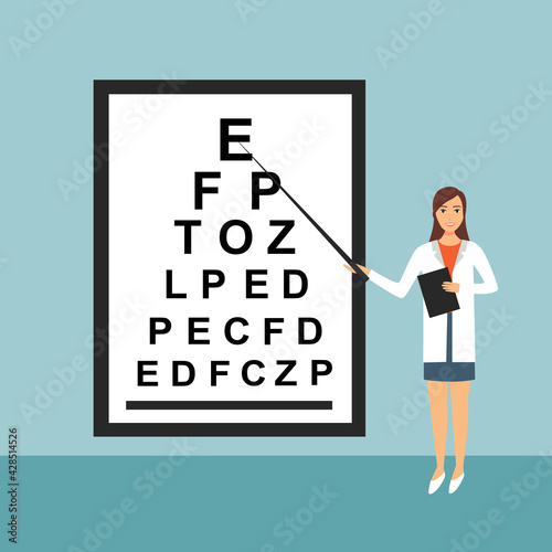 Doctor point at sight check board for vision test in flat design.  Doctor check patient eyes health. Eye care concept.