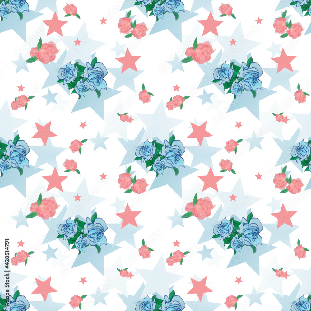 Blue and red roses on a background of stars Blue and red roses on a background of stars