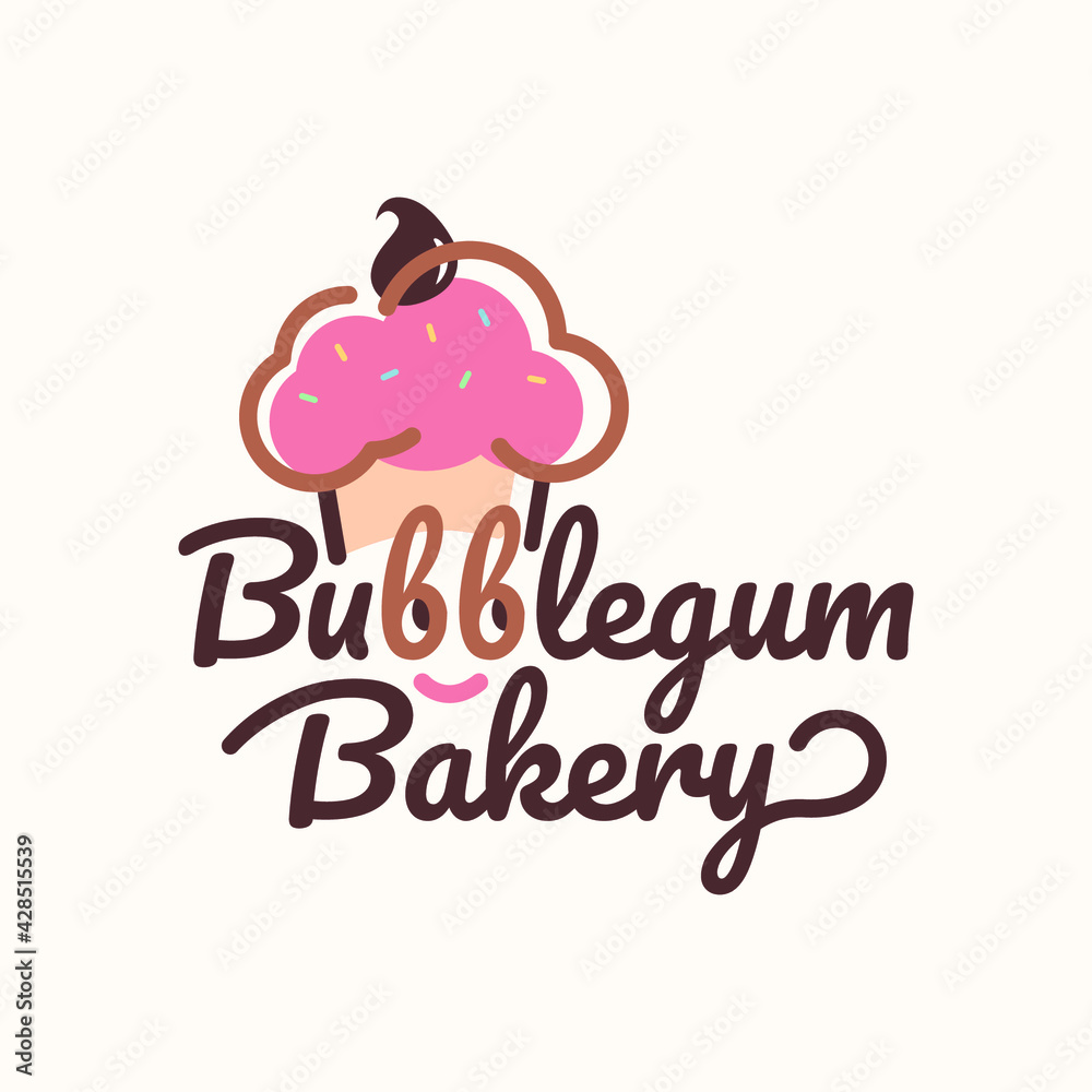 Pink Bakery Pastry Cupcake Bubblegum Cute Logo for Business company restaurant cafe food