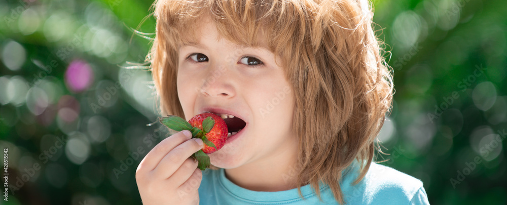 Organic nutrition. Cute happy baby boy with strawberry, outdoor. Child and strawberrie. Organic nutrition. Cute happy baby boy with strawberry, outdoor. Child and strawberrie.
