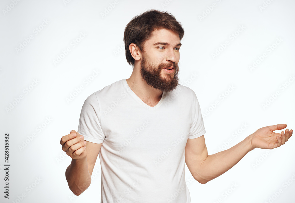 energetic man with beard on white background gesturing with hands cropped view energetic man with beard on white background gesturing with hands cropped view