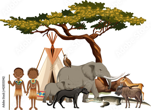 Canvas Print African tribe with group of wild african animal on white background