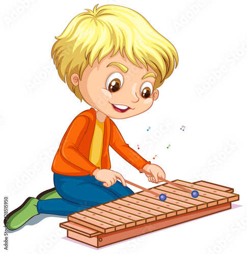 Character of a boy playing xylophone on white background