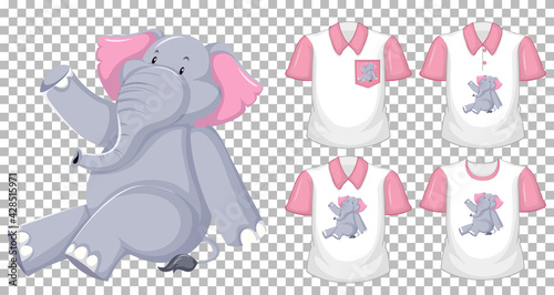 Elephant in sitting position cartoon character with many types of shirts on transparent background