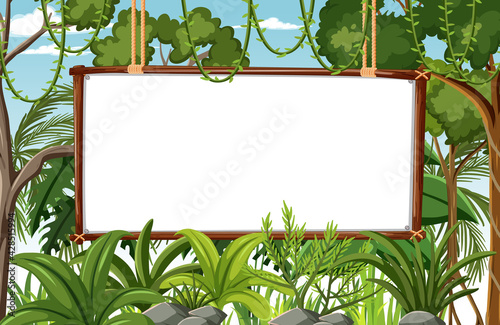 Blank banner in the rainforest scene with wild animals
