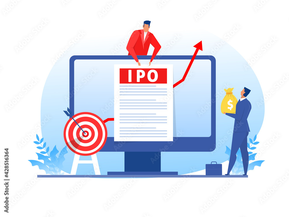IPO, initial public offering. businessman offer Investing on laptop Concept ,Flat vector illustration. IPO, initial public offering. businessman offer Investing on laptop Concept ,Flat vector illustration.