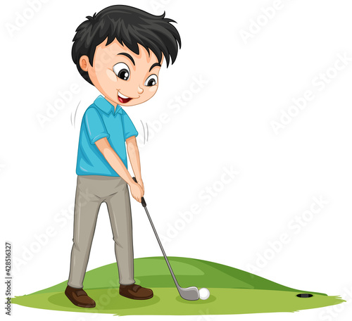 Cartoon character of a boy playing golf on white background