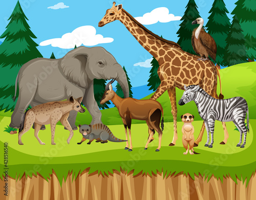 Group of wild african animal in the zoo scene