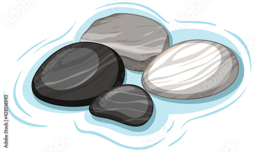 Group of black and white stones on water on white background
