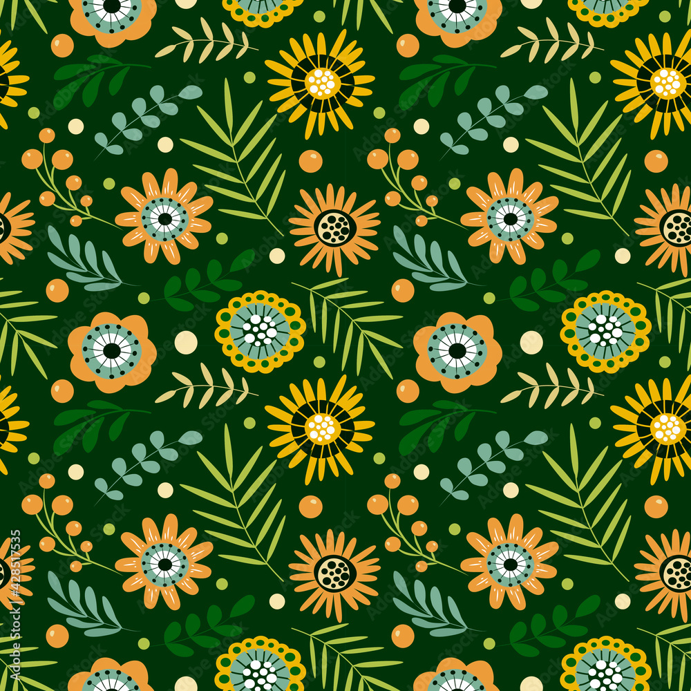 cute vector seamless pattern with hand drawn primitive naive flowers in ...