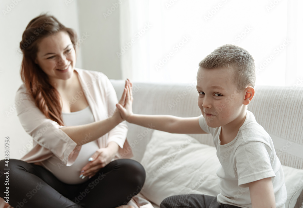 Young pregnant woman with her little son at home on the couch. Young pregnant woman with her little son at home on the couch.