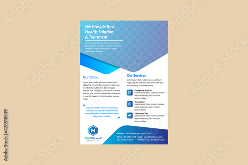 Template design with abstract background for medical layout. Vector design A4 size for poster, flyer, cover or background. Half hexagon shape for photo space. 