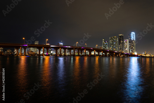 Beautiful Miami Florida skyline with lights and bay at sunset.