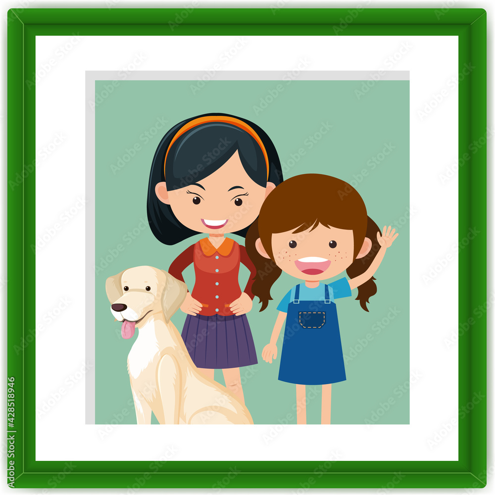 Two little girls in a photo frame in cartoon style Two little girls in a photo frame in cartoon style