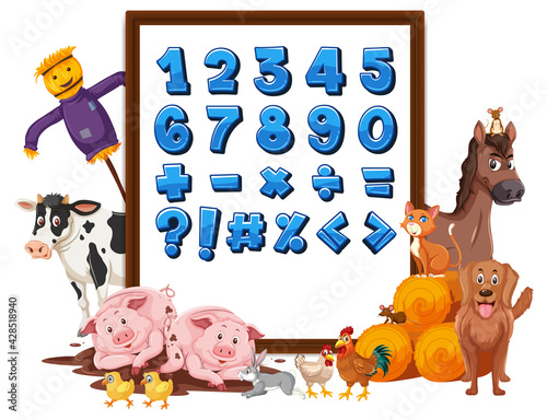 Number 0-9 and math symbols on board with farm animals