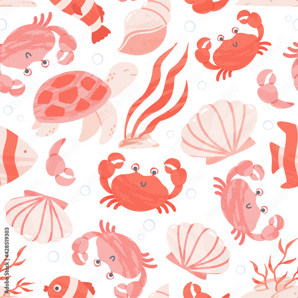 Seamless pattern with cute sea and ocean animals, corals and shells. Repeat design with sea creatures - crab, turtle and clownfish. Vector cartoon illustration Seamless pattern with cute sea and ocean animals, corals and shells. Repeat design with sea creatures - crab, turtle and clownfish. Vector cartoon illustration