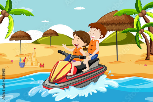 Beach scene with children driving a jet ski