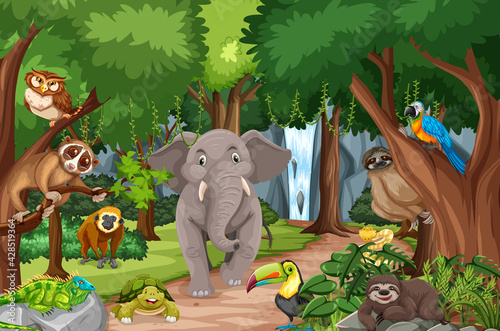 Wild animal cartoon character in the forest scene