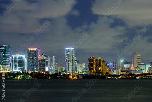 Miami  Florida  USA skyline on Biscayne Bay  city night backgrounds. Miami  Florida  USA downtown cityscape.