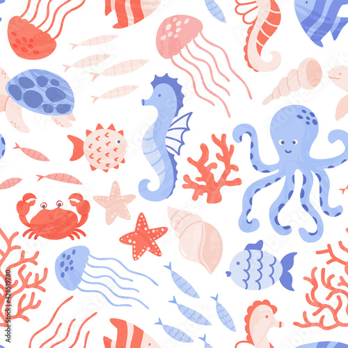 Seamless pattern with cute sea and ocean animals  corals and shells. Repeat design with sea creatures - octopus  seahorse  jellyfish  turtle. Vector cartoon illustration