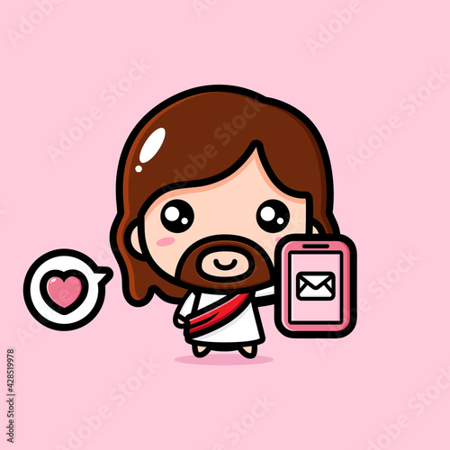 cute cartoon jesus vector design holding a handphone