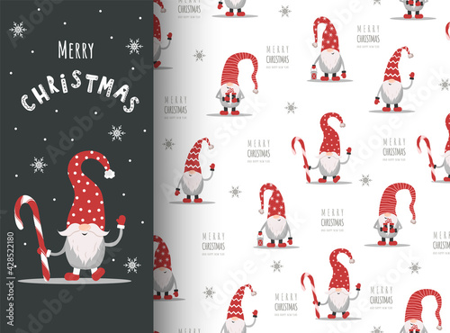 Christmas card with gnome in red hat. Cute scandinavian elves on seamless pattern. Vector illustration in cartoon style. New year design for wrapping paper, textiles, fabric.