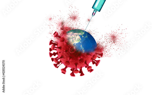 Creative Coronavirus, COVID-19 vaccine and syringe concept image on white background. Dispersion Effect.