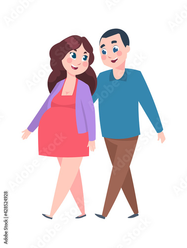 Happy young parents. Pregnancy concept. Smiling man and woman expecting baby birth. Cute family walking outdoor. Pregnant wife hugging with husband. Vector future father and mother