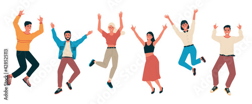 Cartoon happy people. Young men and women laughing. Isolated cheerful characters jumping and waving hands. Teenagers feel positive emotions. Vector human gestures and face expressions