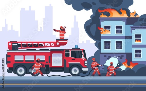 Fire building. Firemen extinguish burning house. Emergency workers put out flame. Firefighters wearing professional uniform. Vehicle with stair and hose for water. Vector rescue service