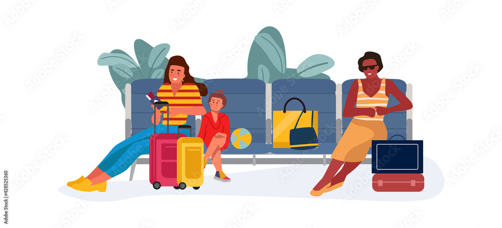 Family at waiting hall or reclaim area. Women and child sitting on bench in airport. Passengers with handbags and suitcases. People resting before flying on airplane. Vector traveling