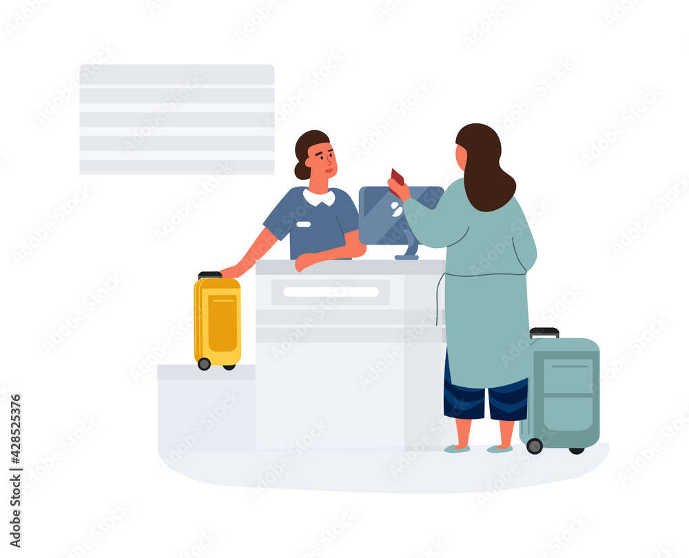 Woman in airport. Female check-in before departure. Passenger hands over luggage and boarding airplane. Character talking to airline employee. People with luggage. Vector traveling