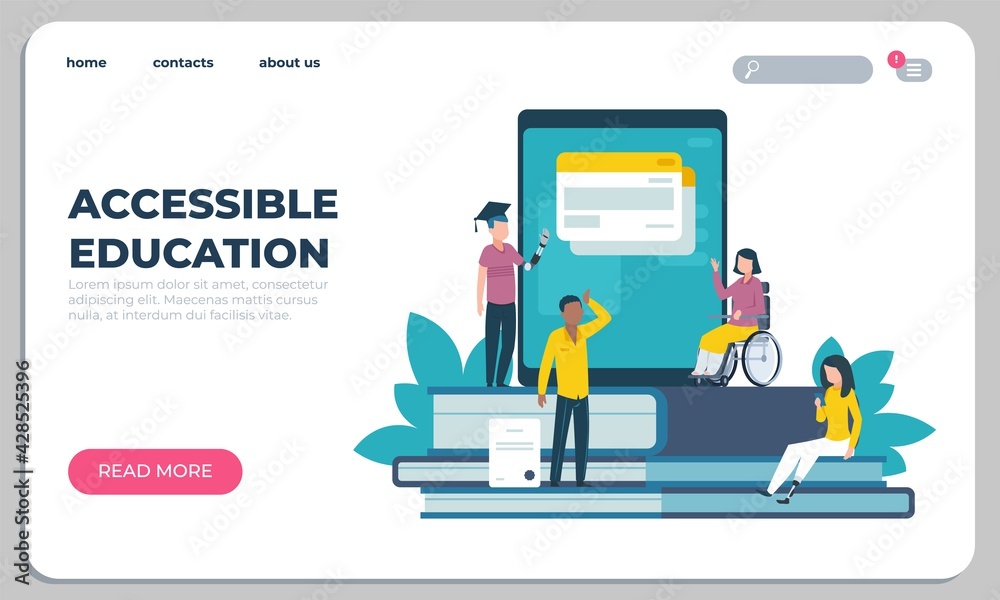 Accessible education landing page. Online learning for disabled people. Website design. Interface template with buttons. Studying assistance for handicapped persons. Vector UI mockup Accessible education landing page. Online learning for disabled people. Website design. Interface template with buttons. Studying assistance for handicapped persons. Vector UI mockup