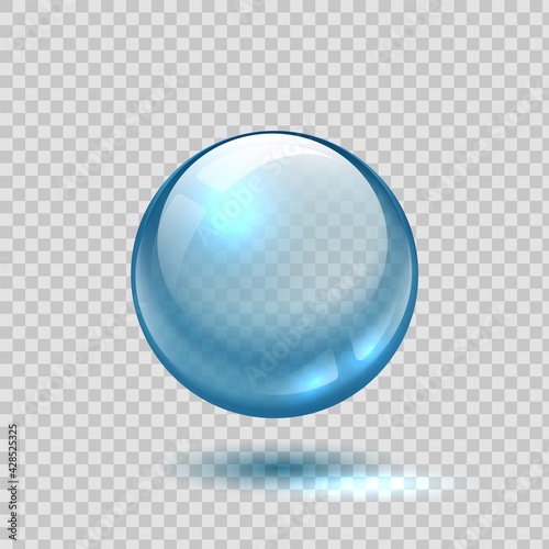 Clear glass bubble. Realistic blue sphere. 3D ball on transparent background. Glossy crystal object with shadow and light reflection. Circle shape lens template. Vector round water drop