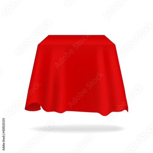 Red silk cover. Realistic secret box hidden under fabric. 3D bright flowing tablecloth mockup with folds. Exhibition drapery. Smooth satin material. Vector blank presentation drape