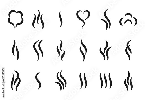 Aroma steam logo. Vapor or smell icons. Hot temperature beverages silhouettes signs. Minimal symbols of boiling and frying cooking pan. Vector water evaporation isolated badges set