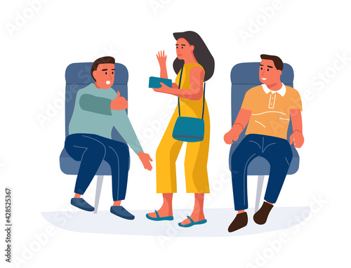 People in airplane. Cartoon men sitting in airplane armchairs and talking to standing woman. Passenger with tickets looking for seat in cockpit. Travel by plane. Vector boarding plane