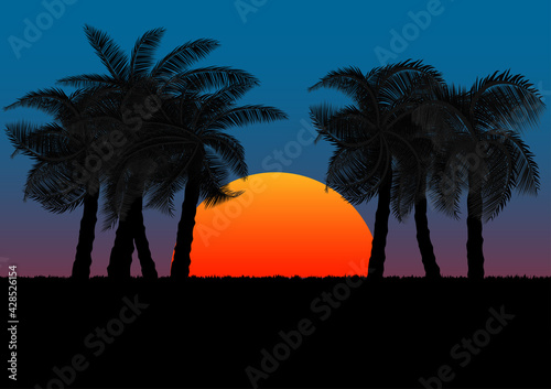 graphics image coconut tree with sunset or sunrise background orange and blue of sky vector illustration