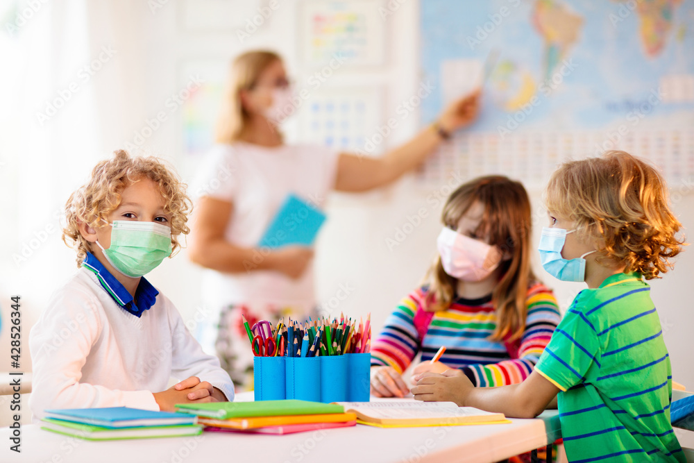 Kids on first school day after quarantine. Kids on first school day after quarantine.