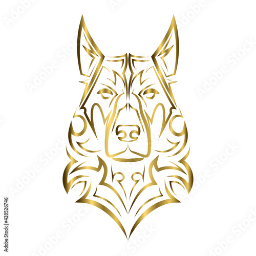 gold line art of german shepherd dog head. Good use for symbol, mascot, icon, avatar, tattoo, T Shirt design, logo or any design you want.