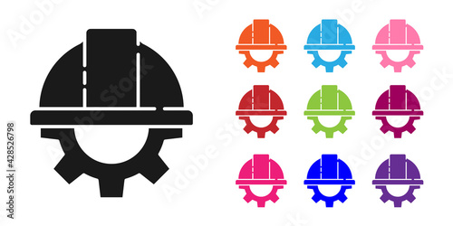 Black Worker safety helmet and gear icon isolated on white background. Set icons colorful. Vector Illustration