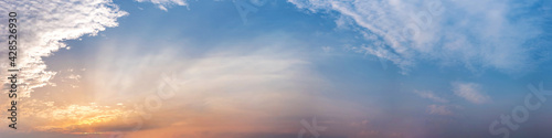 Dramatic panorama sky with cloud on sunrise and sunset time. Panoramic image.