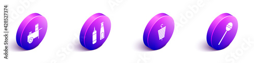 Set Isometric Fast street food cart, Sauce bottle, Grilled shish kebab and Lollipop icon. Vector