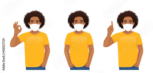 Young african man in casual clothes wearing medical mask as protection against transmissible infectious diseases and air pollution. Isolated vector illustration