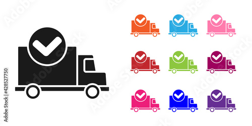 Black Delivery truck with check mark icon isolated on white background. Set icons colorful. Vector Illustration