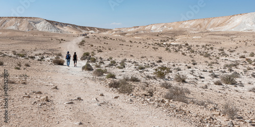 Canvas Print a group of hikers ambling across the barren Ramat Divshon plateau above the Zin