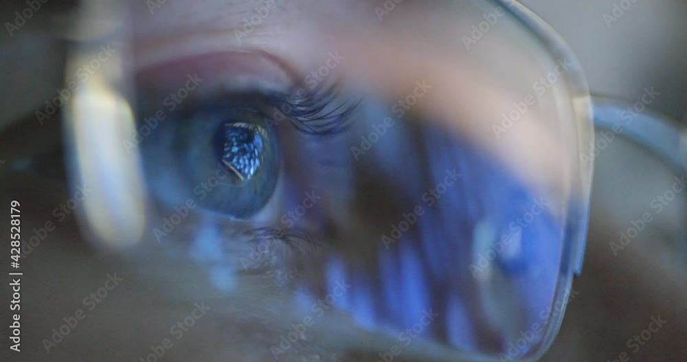 Person Glasses Looks Screen Flicker Close Up Eye Internet Addiction Browsing Late Night Online Trading Stock Market Business Ideas Financial Project Businessman Analyzing Data Reflection Hacker Crime 