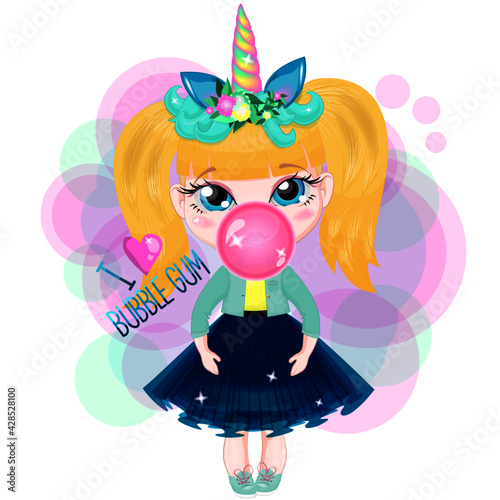 Little girl with rainbow unicorn horn and wreath of flowers, bubble pink chewing gum. Cute baby in a fluffy skirt and jacket